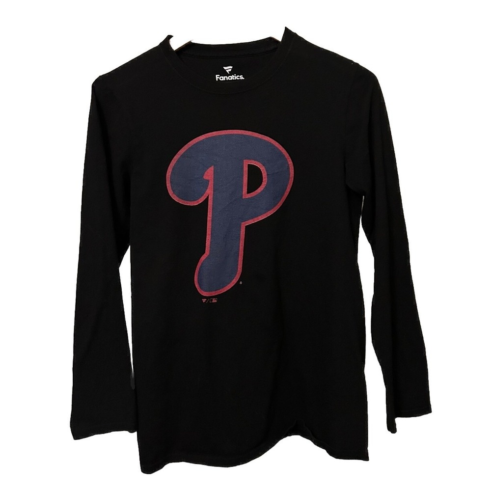 Philadelphia Phillies Shirt Men's S Black Long Sleeve Pullover Gray "P" T-Shirt